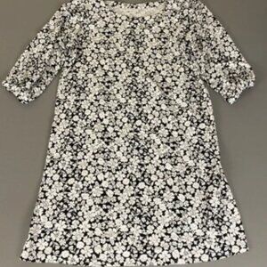 J.Jill Floral Print Dress Size Medium 3/4 Sleeve Black White Rayon Blend